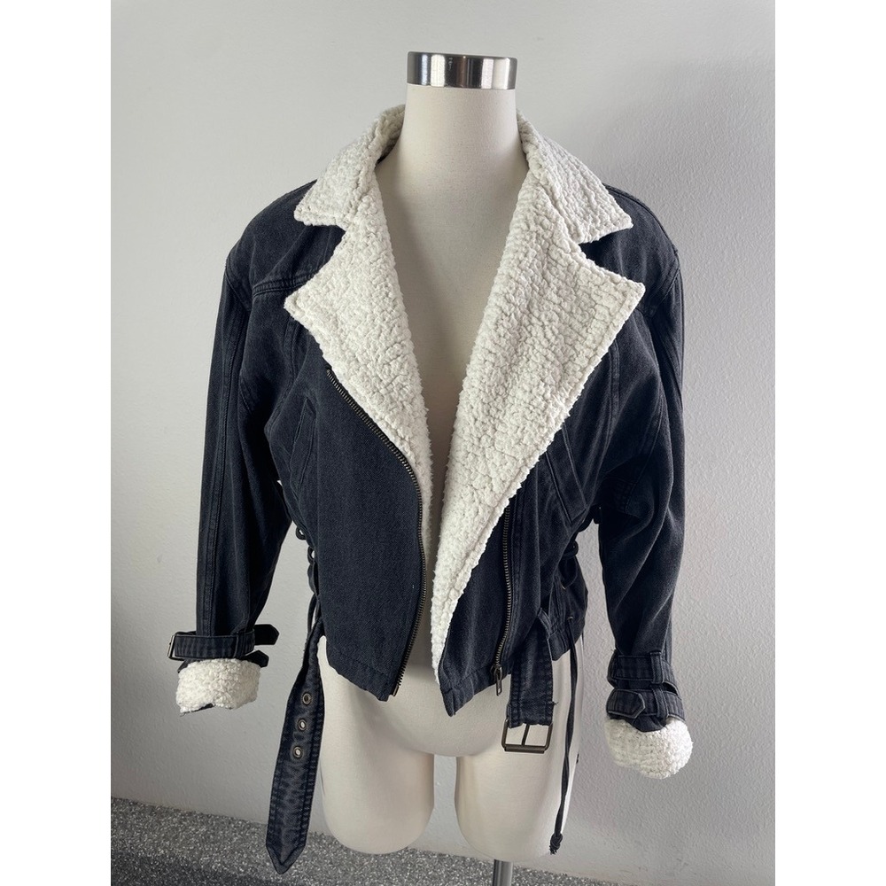 Zara Womens XS Black Denim Sherpa Lined Moto Jacket Lace Up Side Belted